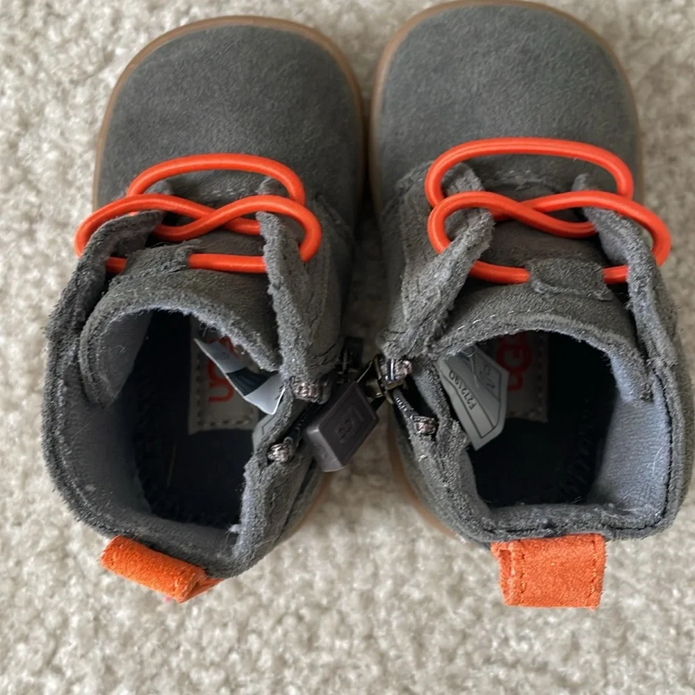 UGG Kids Dark Gray Suede Boots with Orange Accents